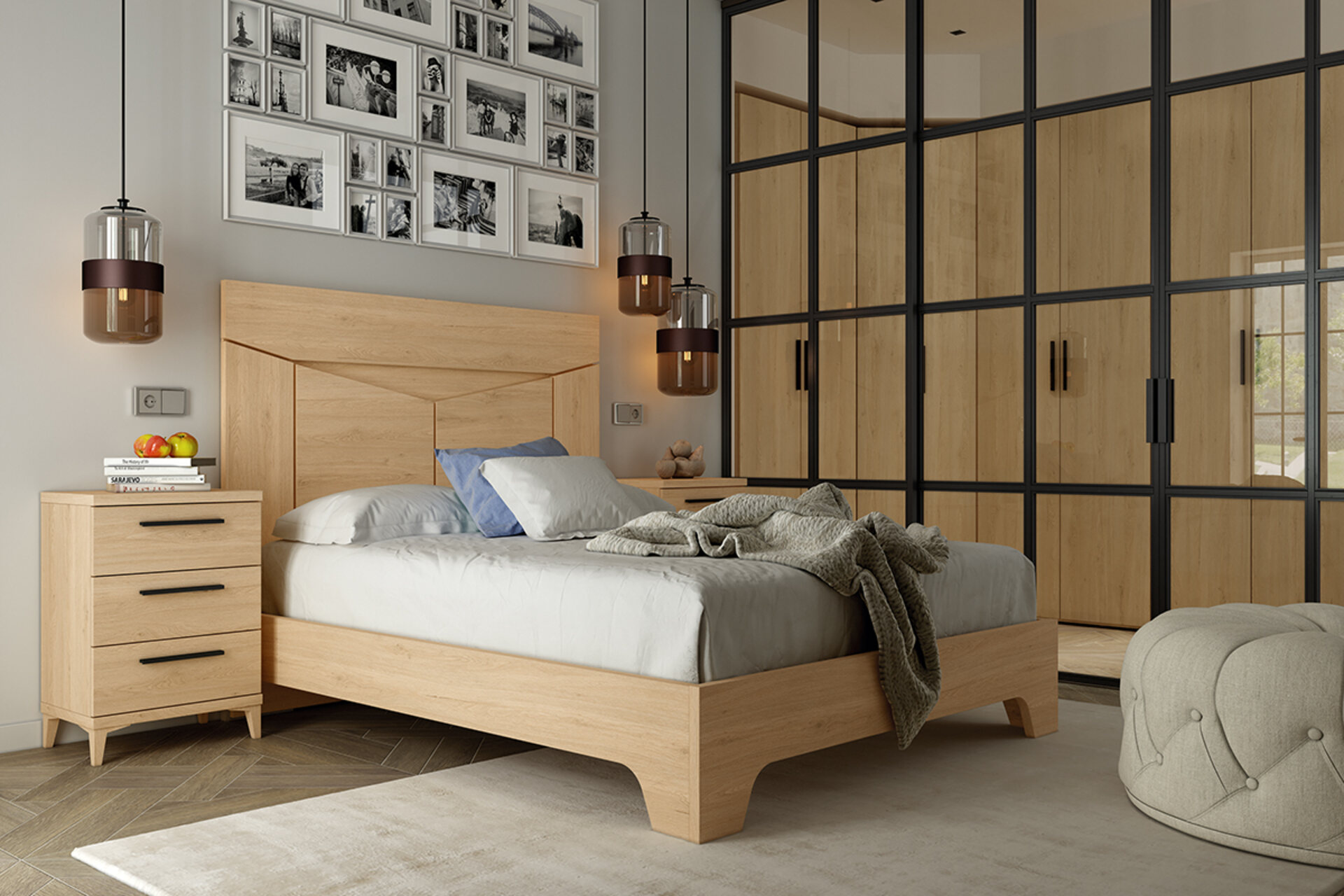 Habitación moderna con armarios de madera