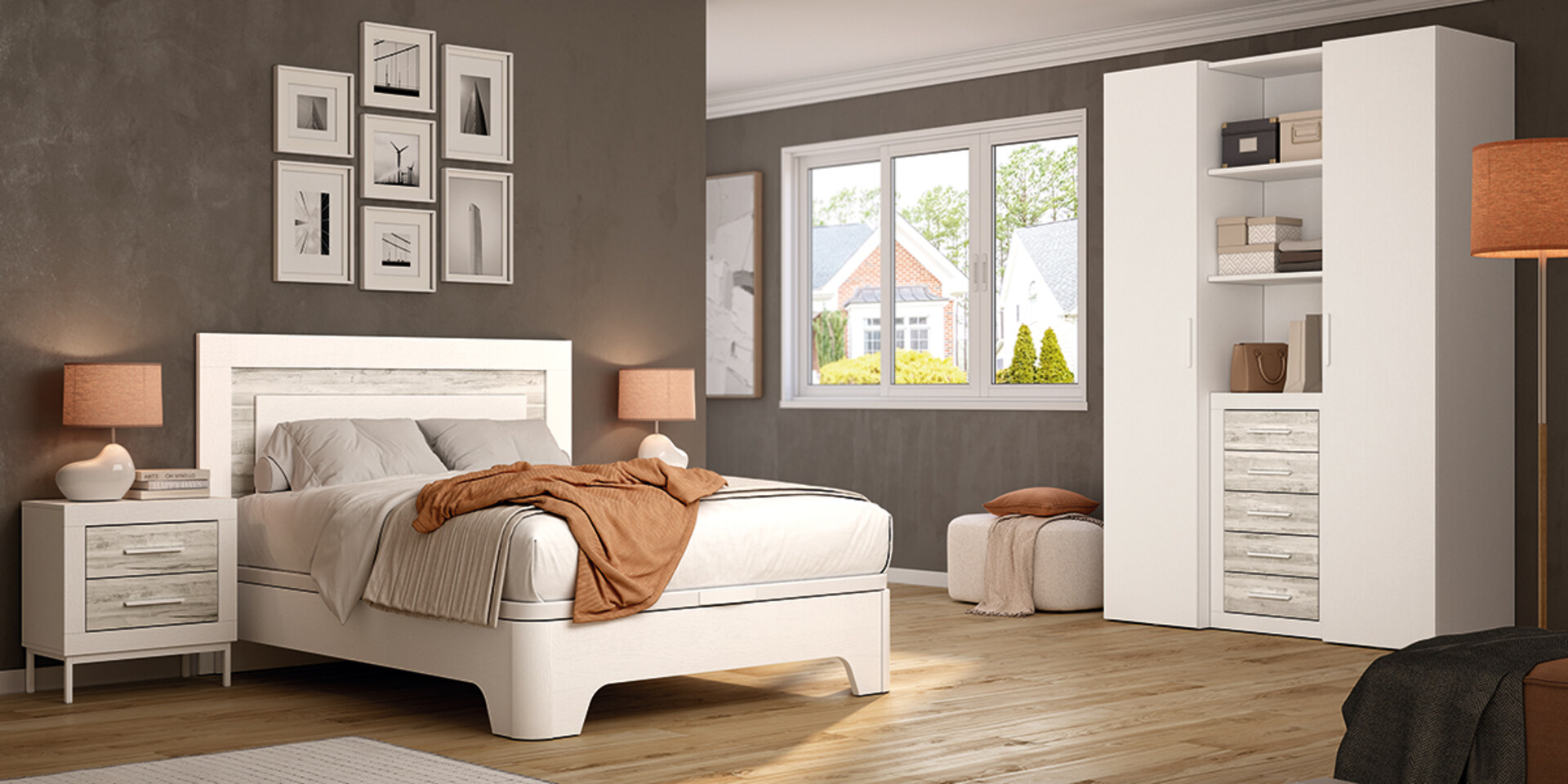 Habitación moderna con armarios blancos
