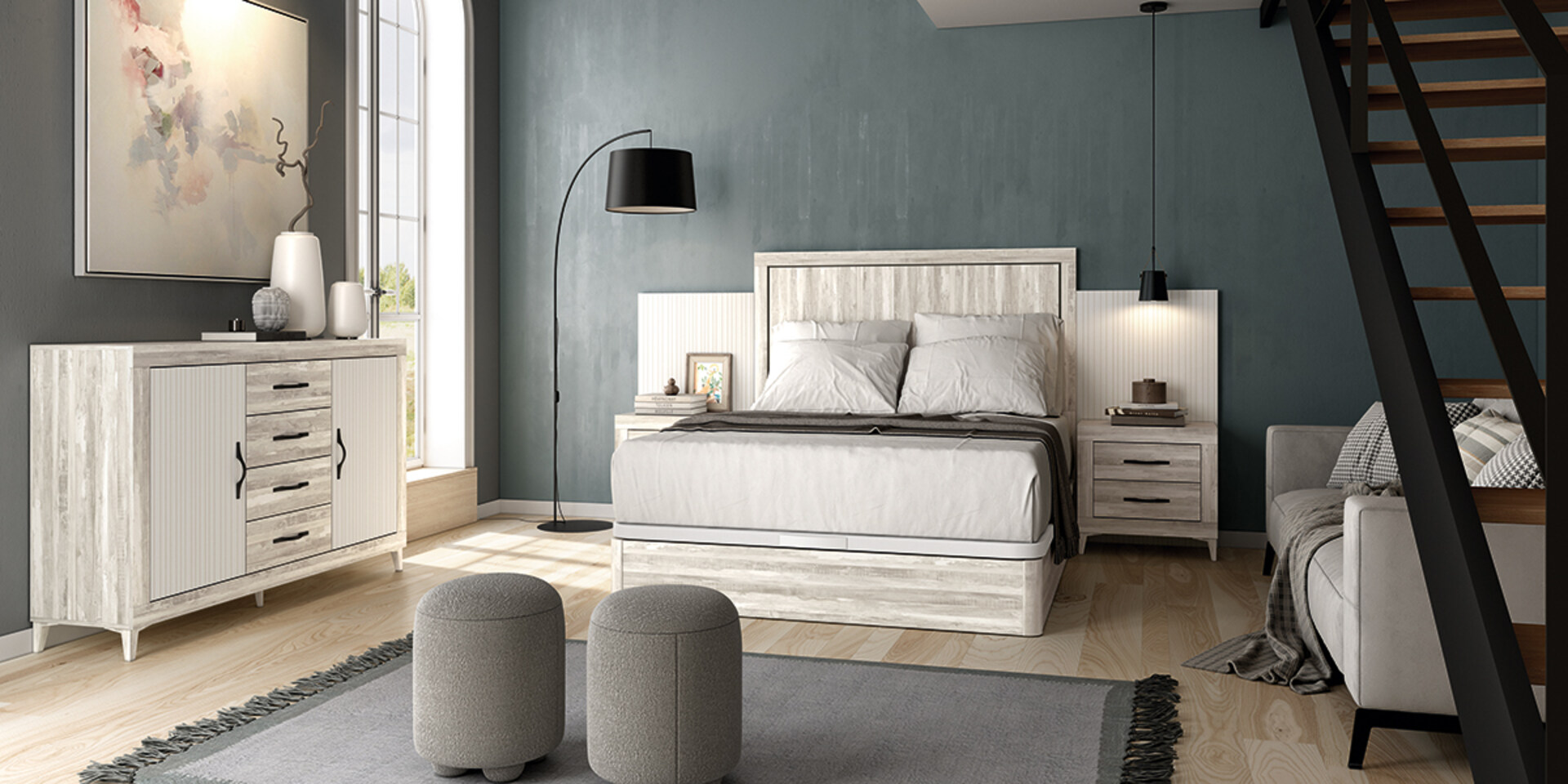 Habitación moderna con paredes azules
