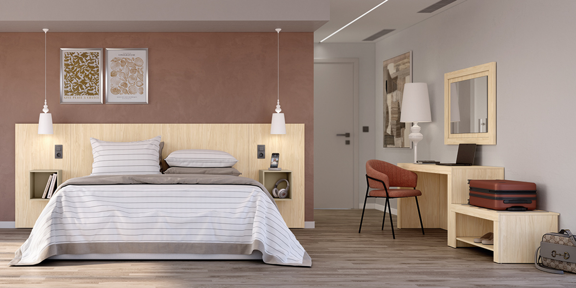 Habitación moderna con paredes rojizas