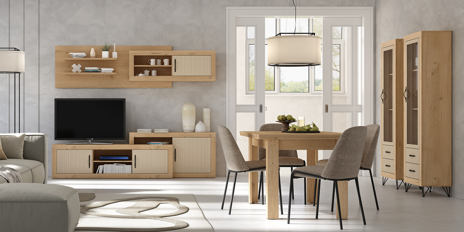 Salón moderno con muebles de madera