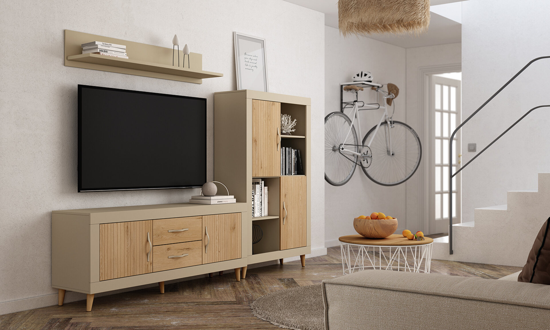 Salón moderno con bicicleta colgada de la pared