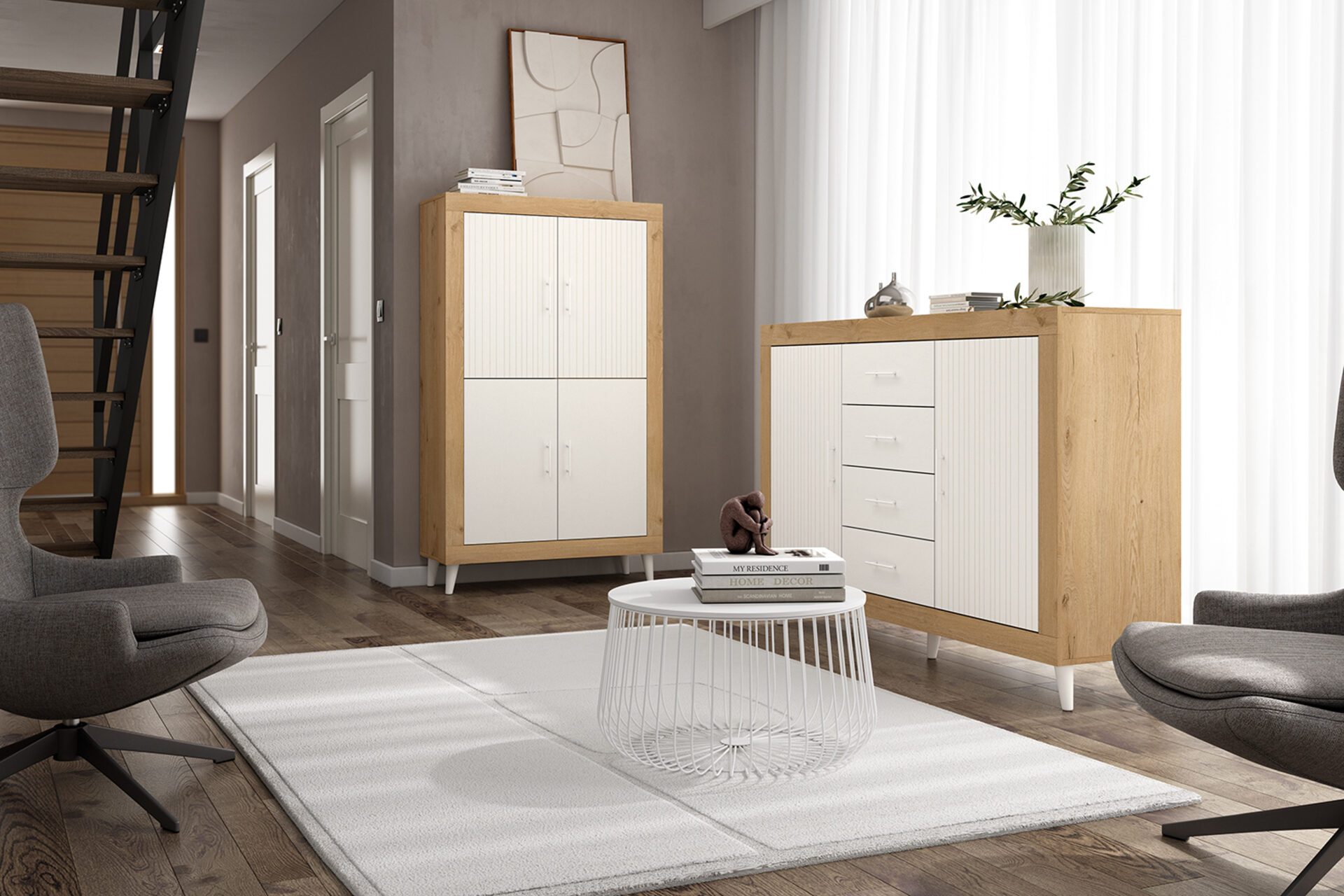 Habitación moderna con armarios de madera