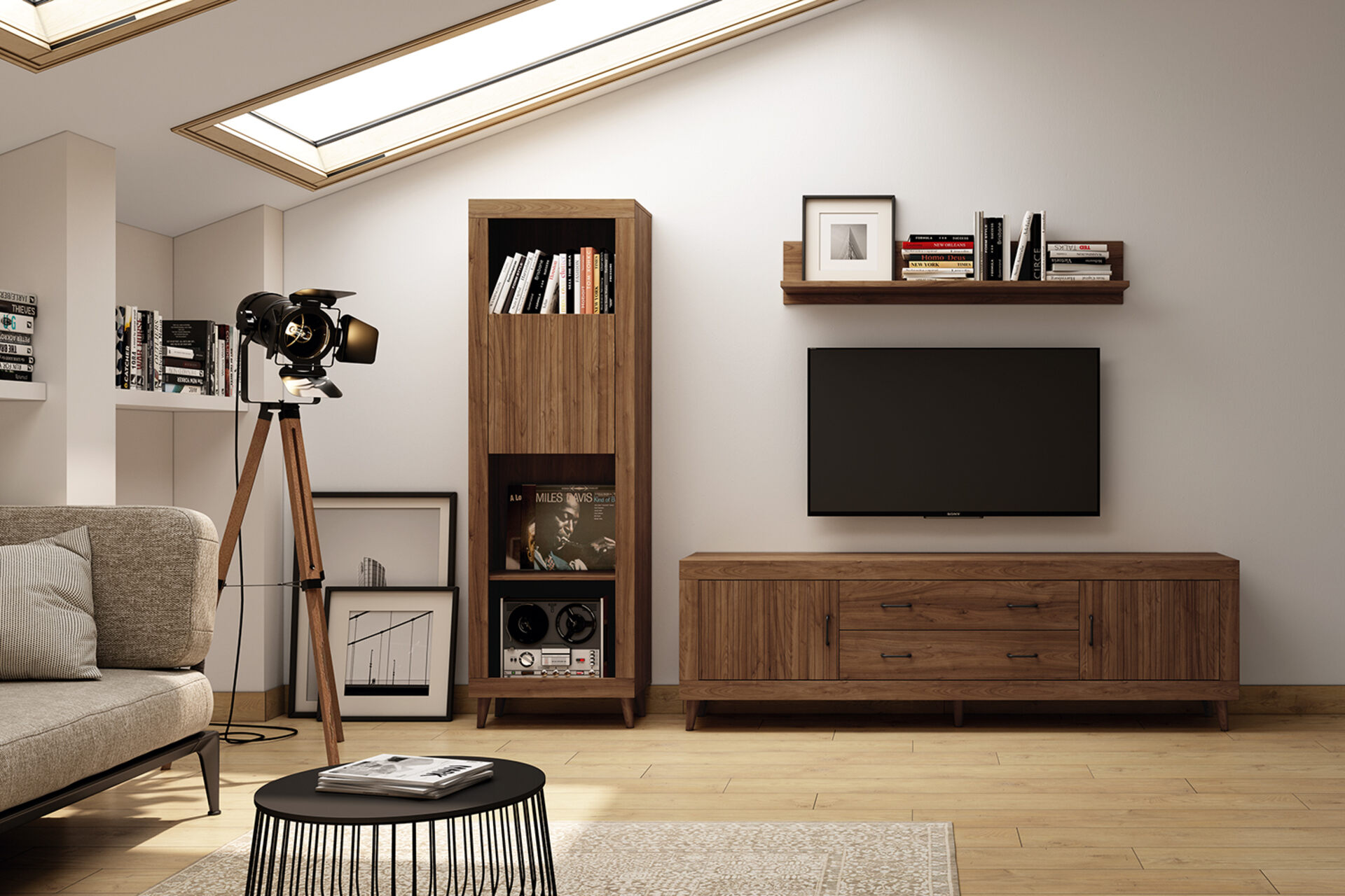 Salón moderno con focos de televisión