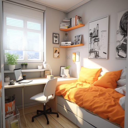a very nice small room in a white bedroom, in the style of realistic and hyper-detailed renderings, cluj school, uhd image, studyplace, high-angle, light orange and gray, everyday life depiction --ar 3:4 --v 5.2 Job ID: 0147daee-558e-4b02-8a2c-1d98a56a82e0